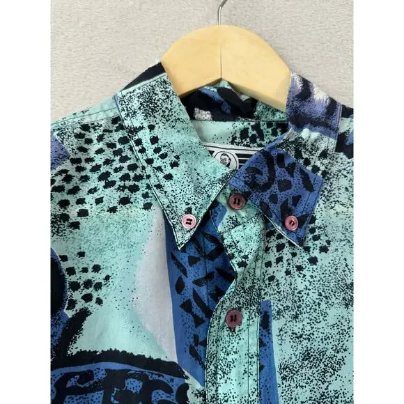 Vintage 80s 90s Laser Men's Medium 100% Silk Abstract Tribal Long Sleeve Shirt - Picture 4 of 8